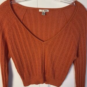 Amuse Society Sweater‎ V Neck Extra Long Sleeve Cropped Rust Orange JR Small